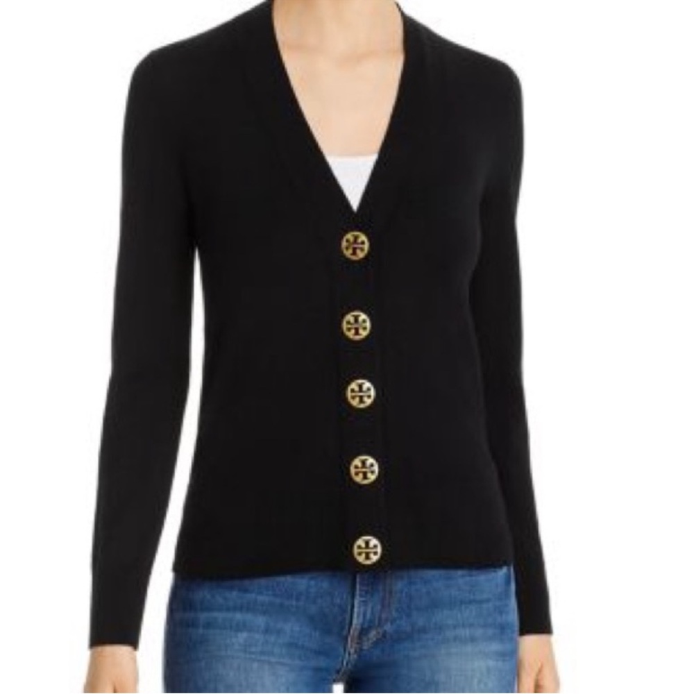 Tory Burch Black Merino Wool Cardigan with Gold Accents